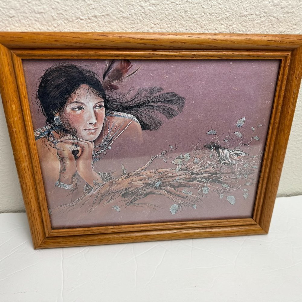 Vintage Picture Native American Women Framed Wooden Artist Signed
